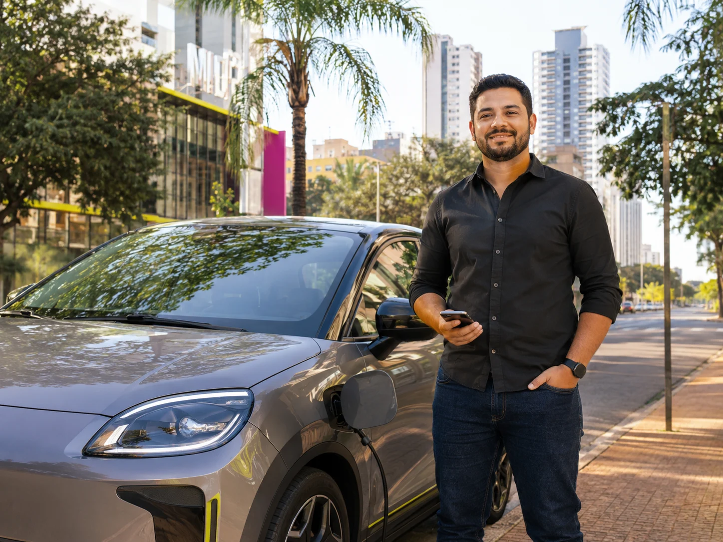 Motorista ao lado de veículo elétrico disponível para locação